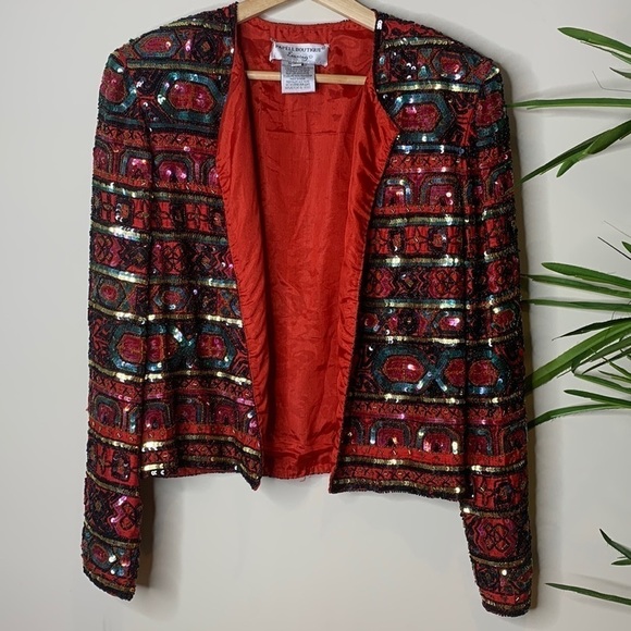Papell Boutique || Vintage Heavily Beaded Sequin Silk Open Front Top Jacket M - Picture 17 of 17